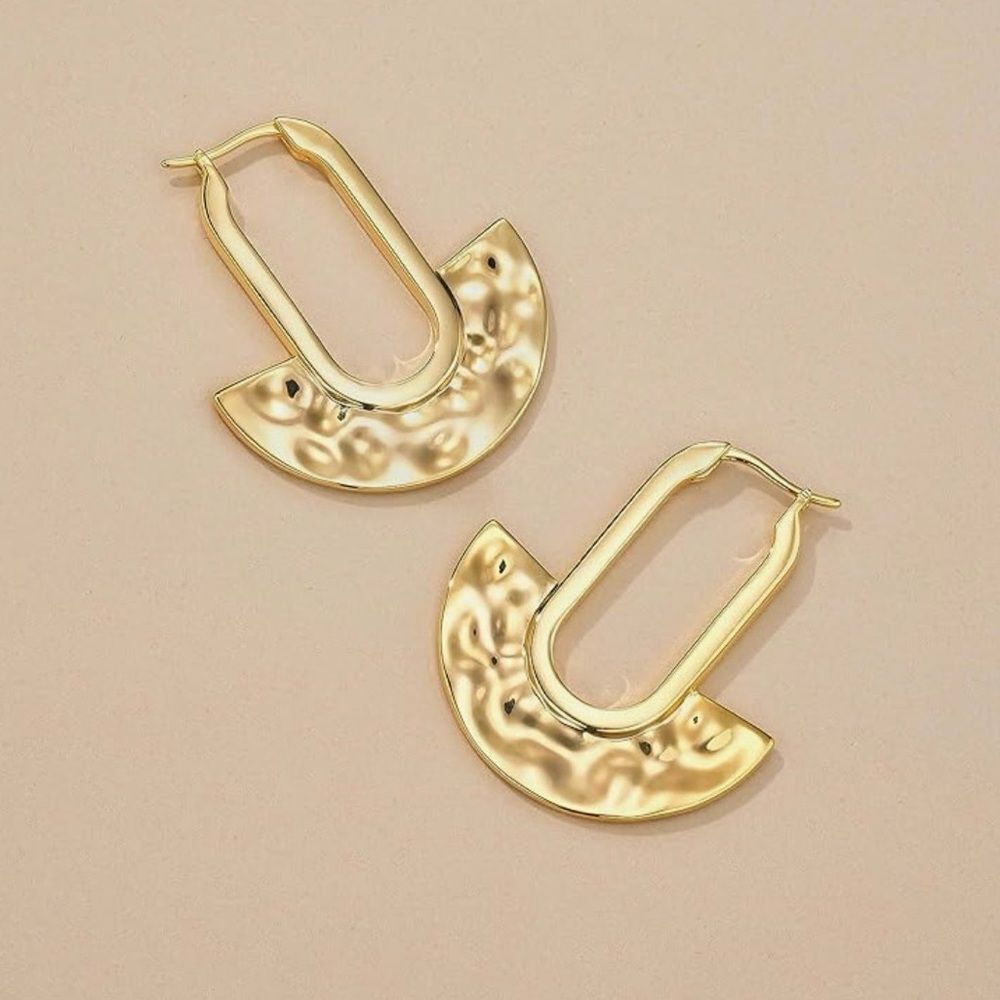 NEW 18K gold plated Hammered Flat Round Statement Drop Earrings